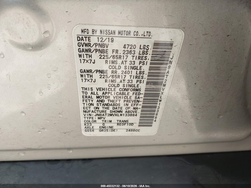 2020 Nissan Rogue VIN JN8AT2MVXLW133884 IAAI salvage auction — REAR END, Salvage Title, sold $5,100 on 2026-07-24 (photo 9)