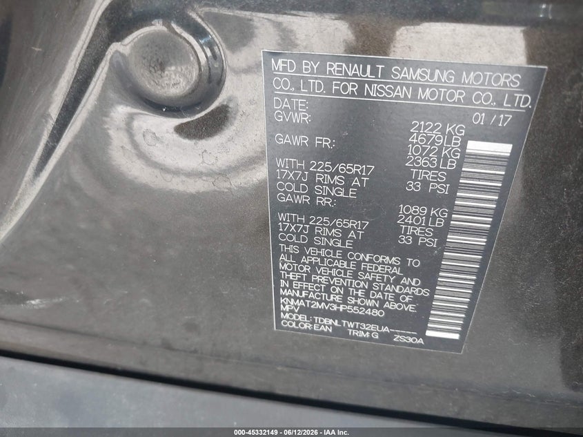 2017 Nissan Rogue VIN KNMAT2MV3HP552480 IAAI salvage auction — LEFT FRONT, Rebuildable (Florida), sold $1,300 on 2026-07-14 (photo 9)