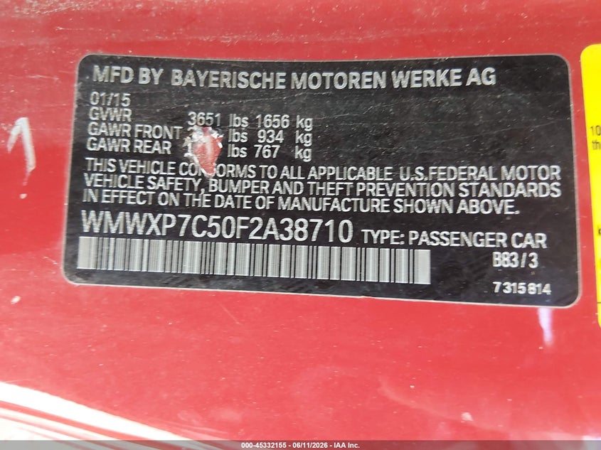 2015 Mini Hard top VIN WMWXP7C50F2A38710 IAAI salvage auction — RIGHT FRONT, Salvage (Idaho), sold $725 on 2026-07-07 (photo 9)
