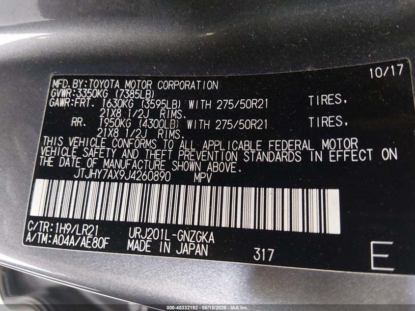 2018 Lexus LX 570 VIN JTJHY7AX9J4260890 IAAI salvage auction — Front & Rear, Salvage (Tennessee), sold $33,000 on 2026-09-07 (photo 9)