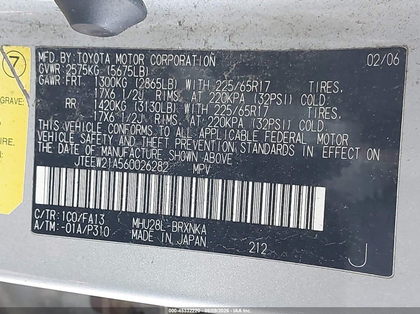 2006 Toyota Highlander hybrid VIN JTEEW21A560026282 IAAI salvage auction — NORMAL WEAR, Clear (New Jersey), sold $650 on 2026-07-20 (photo 9)