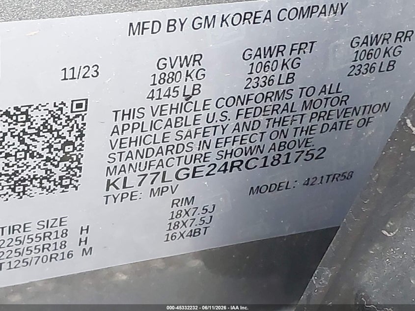 2024 Chevrolet Trax VIN KL77LGE24RC181752 IAAI salvage auction — THEFT, Salvage (Michigan), sold $5,700 on 2026-07-11 (photo 9)