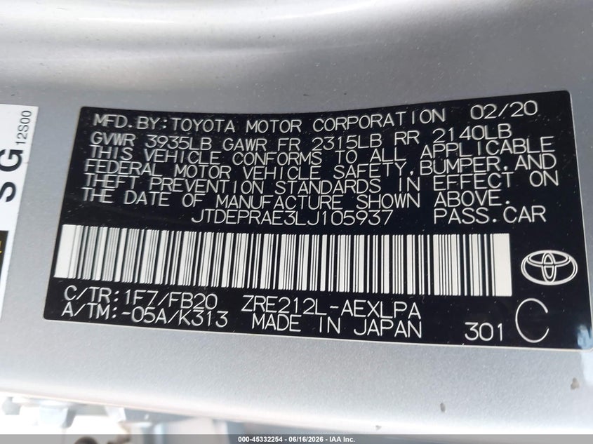 2020 Toyota Corolla VIN JTDEPRAE3LJ105937 IAAI salvage auction — LEFT FRONT, Salvage (Massachusetts), sold $2,550 on 2026-07-28 (photo 9)