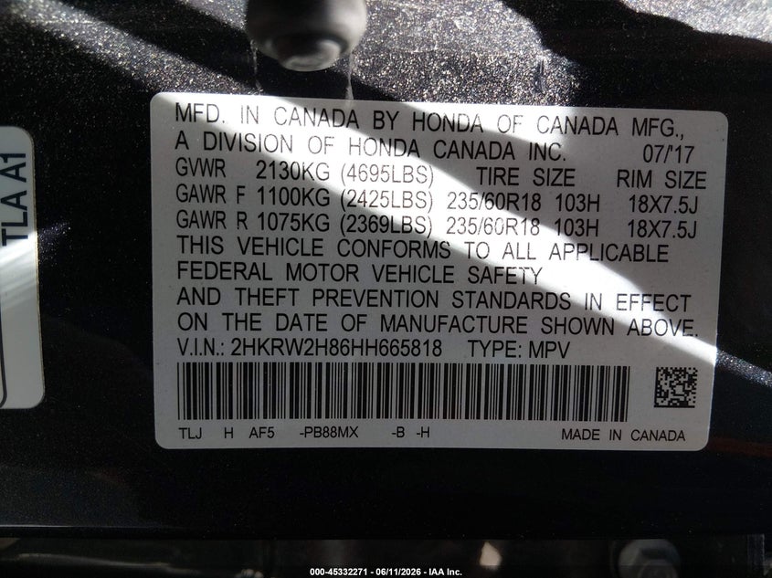 2017 Honda Cr-v VIN 2HKRW2H86HH665818 IAAI salvage auction — REAR END, Clear (Wyoming), sold $10,600 on 2026-07-09 (photo 9)