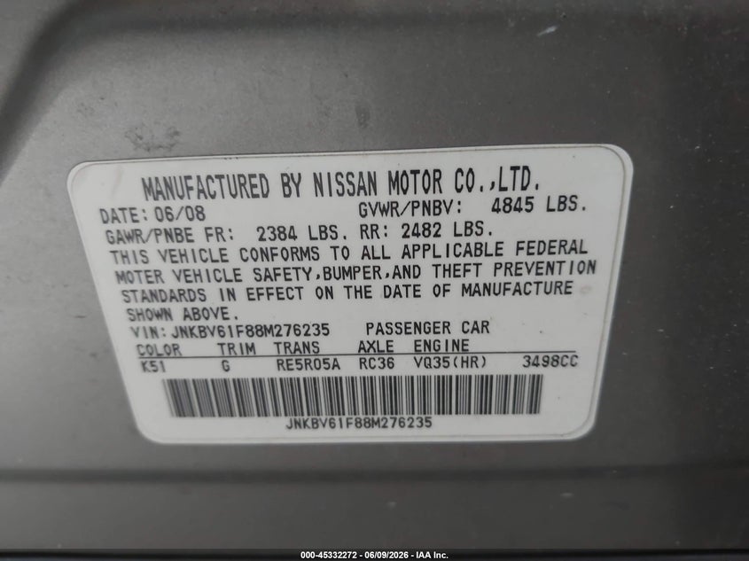2008 Infiniti G35 VIN JNKBV61F88M276235 IAAI salvage auction — ROOF, Clear (Michigan), sold $725 on 2026-07-20 (photo 9)