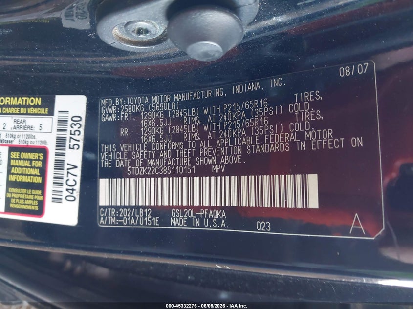 2008 Toyota Sienna VIN 5TDZK22C38S110151 IAAI salvage auction — NORMAL WEAR, Clear-Dealer Only (Arizona), sold $375 on 2026-07-28 (photo 9)
