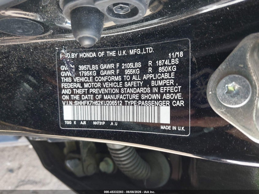 2019 Honda Civic VIN SHHFK7H62KU206512 IAAI salvage auction — FRONT END, Salvage (New Hampshire), sold $2,800 on 2026-07-31 (photo 9)