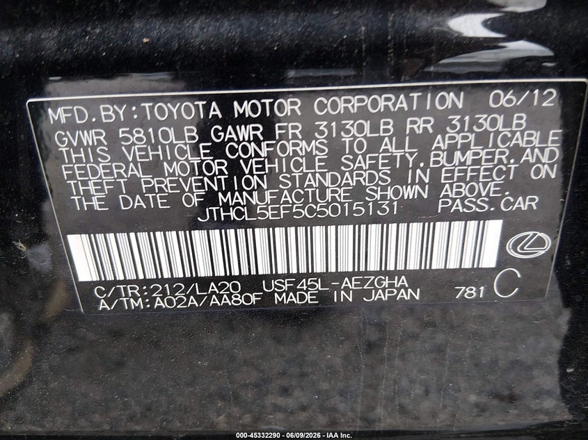 2012 Lexus Ls VIN JTHCL5EF5C5015131 IAAI salvage auction — UNKNOWN, Salvage Title, sold $2,500 on 2026-07-13 (photo 9)