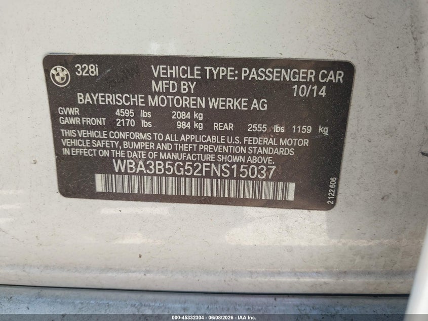 2015 BMW 3er VIN WBA3B5G52FNS15037 IAAI salvage auction — NORMAL WEAR, Clear (Virginia), sold $825 on 2026-07-23 (photo 9)