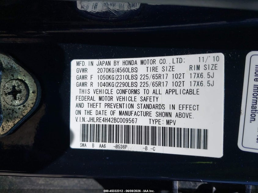 2011 Honda Cr-v VIN JHLRE4H42BC009567 IAAI salvage auction — RIGHT SIDE, Salvage (Rhode Island), sold $450 on 2026-07-28 (photo 9)