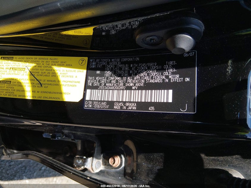 2008 Toyota Highlander VIN JTEES42A482002892 IAAI salvage auction — FRONT END, Salvage (New Jersey), sold $1,100 on 2026-07-29 (photo 9)