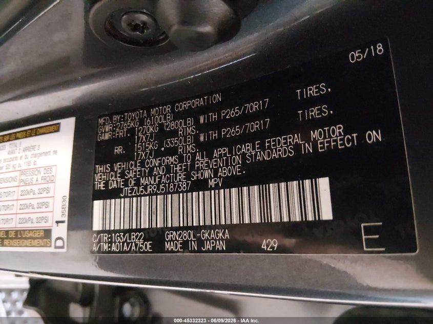 2018 Toyota 4runner VIN JTEZU5JR9J5187387 IAAI salvage auction — FRONT END, Salvage Title, sold $11,000 on 2026-07-13 (photo 9)