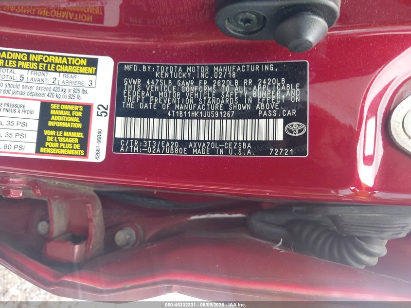 2018 Toyota Camry VIN 4T1B11HK1JU591267 IAAI salvage auction — LEFT SIDE, Salvage (Georgia), sold $4,550 on 2026-08-04 (photo 9)
