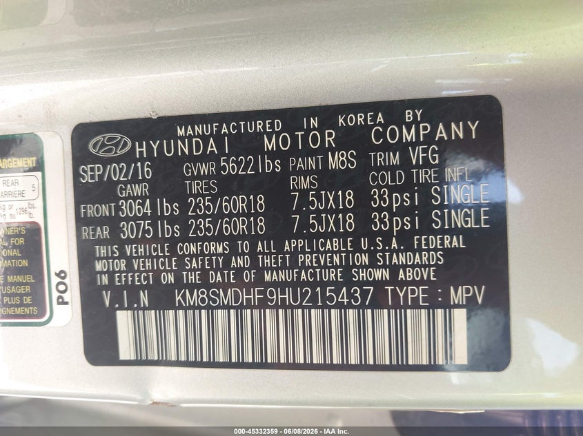 2017 Hyundai Santa fe VIN KM8SMDHF9HU215437 IAAI salvage auction — RIGHT FRONT, Salvage Title, sold $2,500 on 2026-07-07 (photo 9)