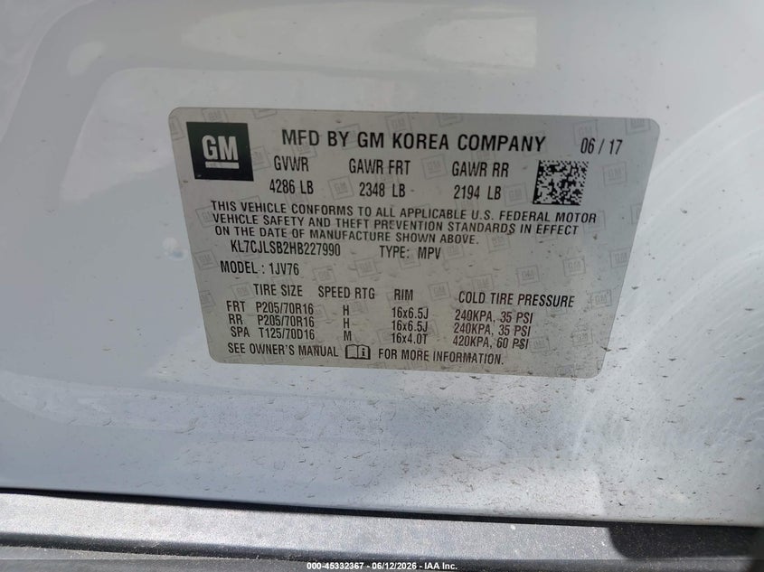 2017 Chevrolet Trax VIN KL7CJLSB2HB227990 IAAI salvage auction — FRONT END, Clear (Indiana), sold $975 on 2026-07-08 (photo 9)