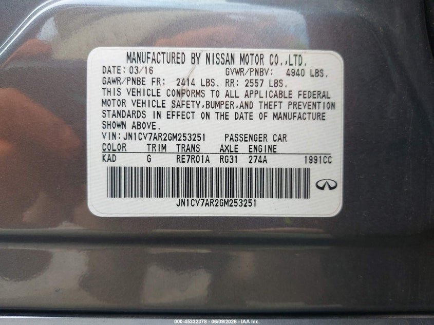 2016 Infiniti Q50 VIN JN1CV7AR2GM253251 IAAI salvage auction — RIGHT FRONT, Salvage Title, sold $225 on 2026-07-10 (photo 9)