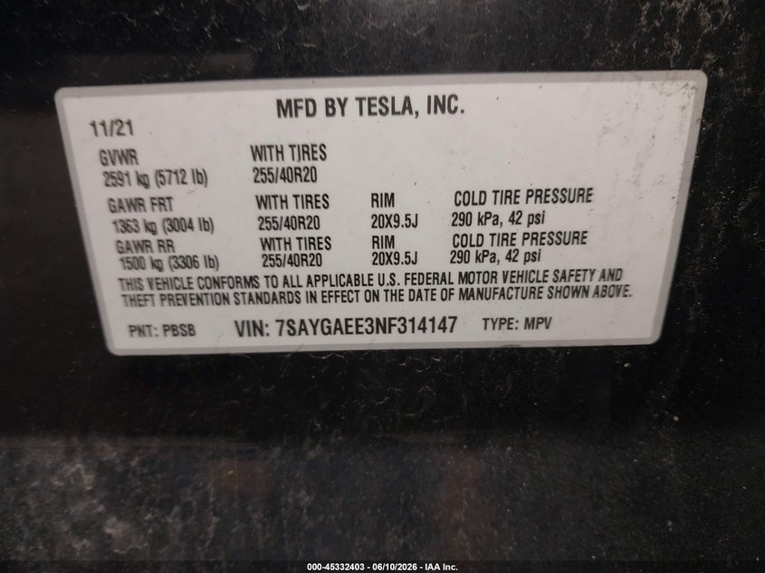 2022 Tesla Model y VIN 7SAYGAEE3NF314147 IAAI salvage auction — FRONT END, Wait Title, sold $7,100 on 2026-08-01 (photo 9)