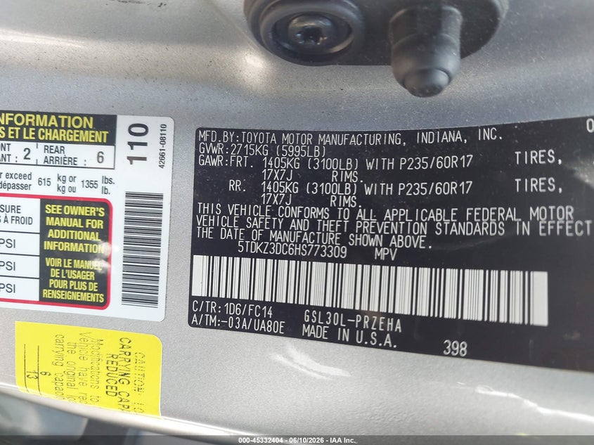 2017 Toyota Sienna VIN 5TDKZ3DC6HS773309 IAAI salvage auction — FRONT END, Salvage Title, sold $25 on 2026-07-28 (photo 9)