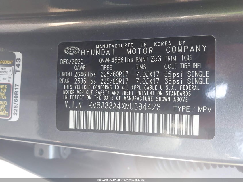 2021 Hyundai Tucson VIN KM8J33A4XMU394423 IAAI salvage auction — LEFT REAR, Salvage (Tennessee), sold $6,075 on 2026-07-08 (photo 9)