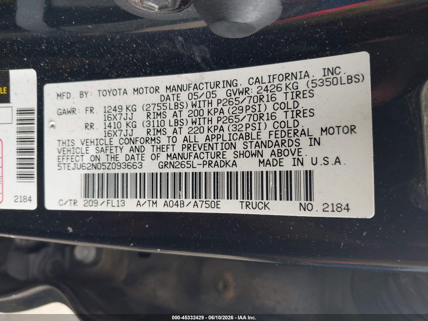 2005 Toyota Tacoma VIN 5TEJU62N05Z093663 IAAI salvage auction — RIGHT SIDE, Salvage (Idaho), sold $3,050 on 2026-07-15 (photo 9)