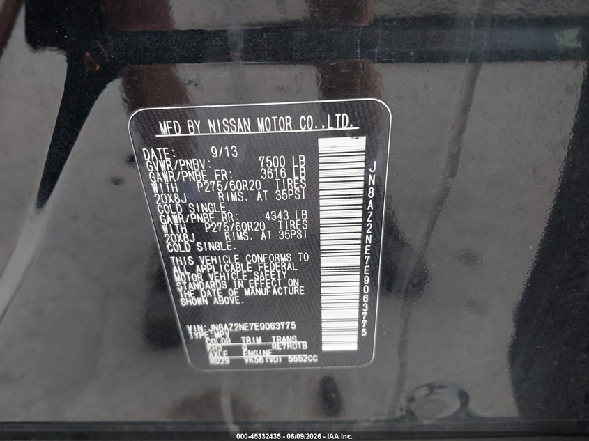 2014 Infiniti Qx80 VIN JN8AZ2NE7E9063775 IAAI salvage auction — REAR END, Salvage Title, sold $1,800 on 2026-07-27 (photo 9)
