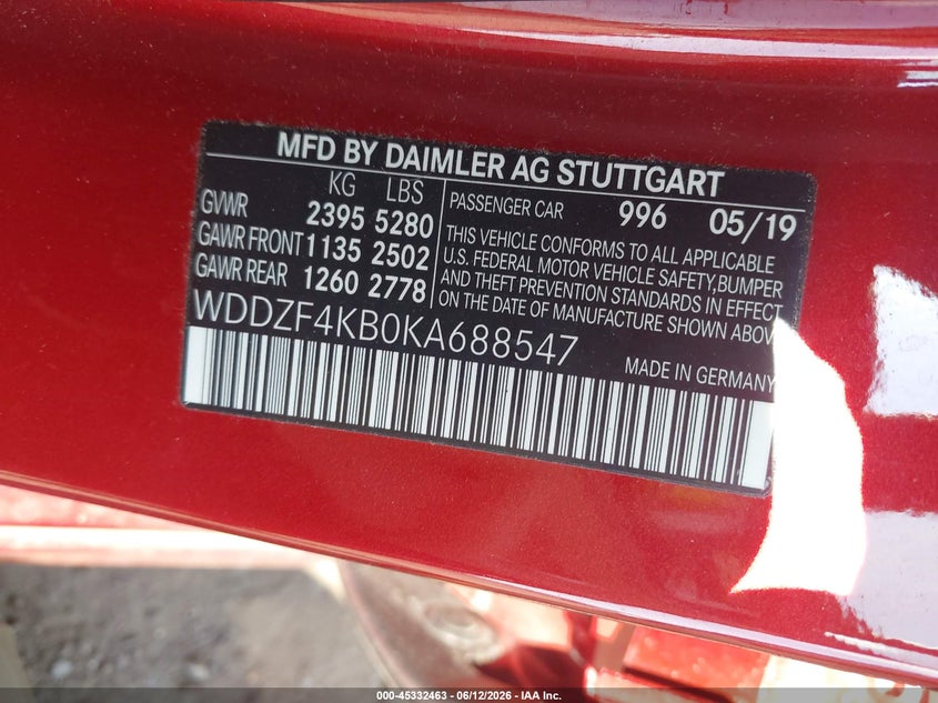 2019 Mercedes-benz E-klasse VIN WDDZF4KB0KA688547 IAAI salvage auction — UNKNOWN, Mv-907A (New York), sold $7,050 on 2026-07-14 (photo 9)