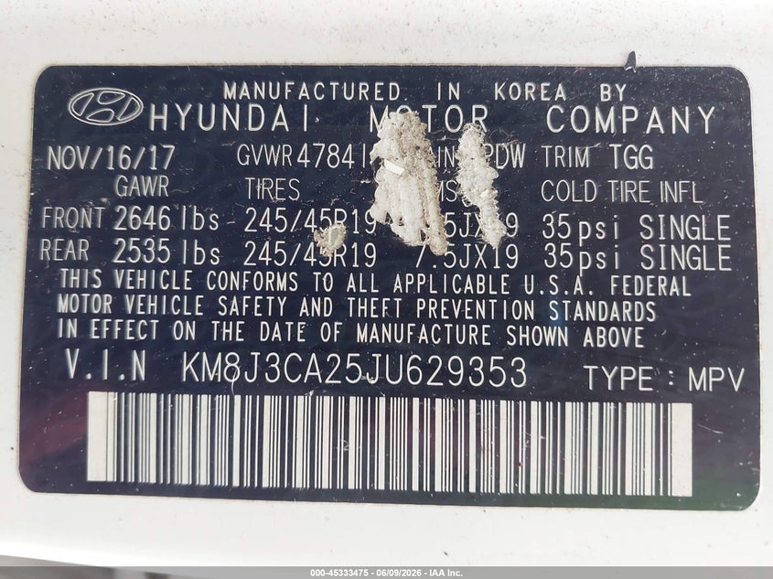 2018 Hyundai Tucson VIN KM8J3CA25JU629353 IAAI salvage auction — NORMAL WEAR, Salvage Title, sold $2,300 on 2026-07-16 (photo 9)