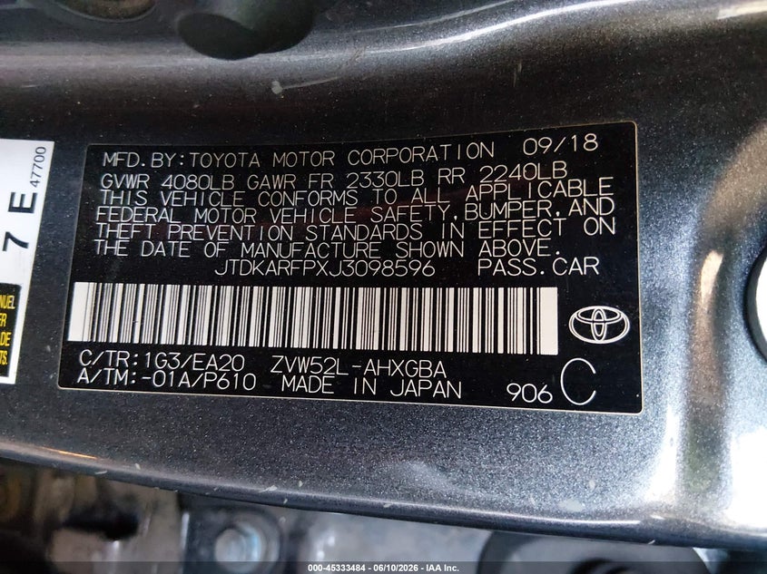 2018 Toyota Prius VIN JTDKARFPXJ3098596 IAAI salvage auction — LEFT FRONT, Salvage Title, sold $7,500 on 2026-07-10 (photo 9)
