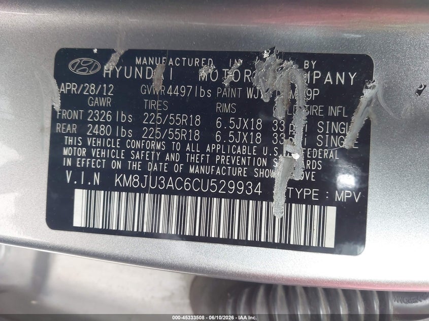 2012 Hyundai Tucson VIN KM8JU3AC6CU529934 IAAI salvage auction — FRONT END, Salvage (New Jersey), sold $1,300 on 2026-07-28 (photo 9)