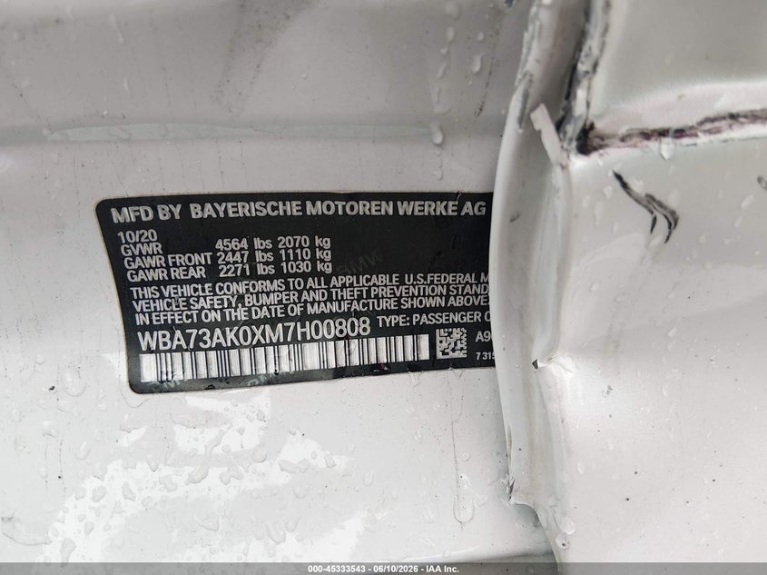 2021 BMW 2er VIN WBA73AK0XM7H00808 IAAI salvage auction — LEFT SIDE, Salvage - Greater Than 75% (Maryland), sold $5,700 on 2026-07-23 (photo 9)