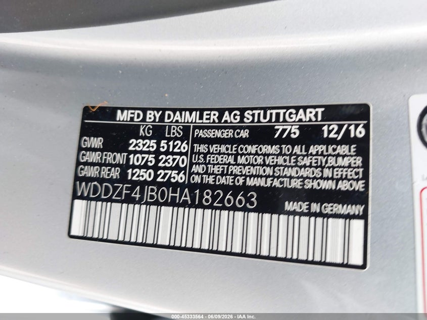 2017 Mercedes-benz E-klasse VIN WDDZF4JB0HA182663 IAAI salvage auction — FRONT END, Salvage Title, sold $4,150 on 2026-07-27 (photo 9)