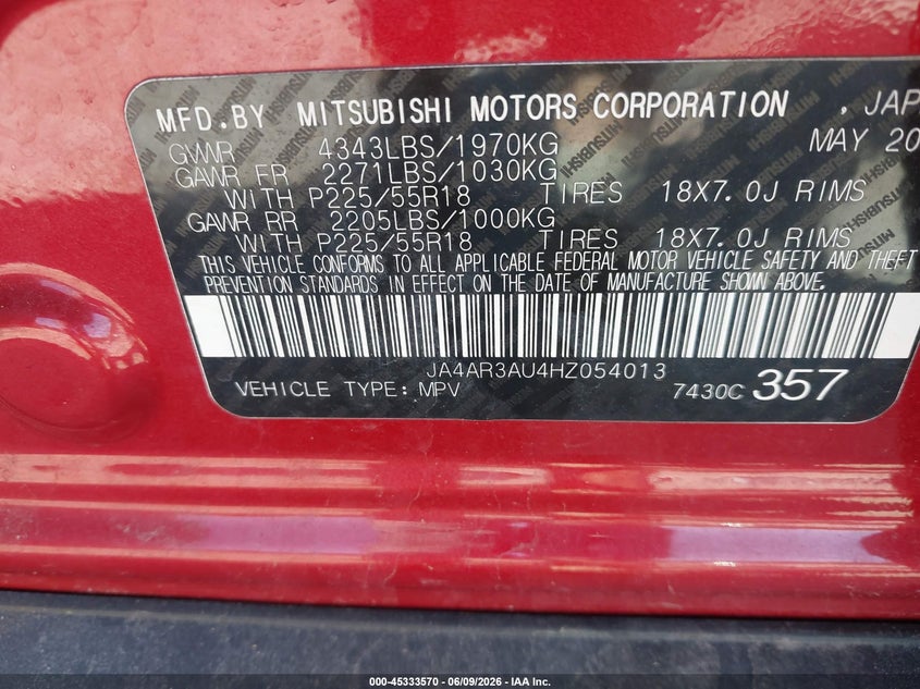 2017 Mitsubishi Outlander VIN JA4AR3AU4HZ054013 IAAI salvage auction — FRONT END, Salvage Title, sold $525 on 2026-07-07 (photo 9)