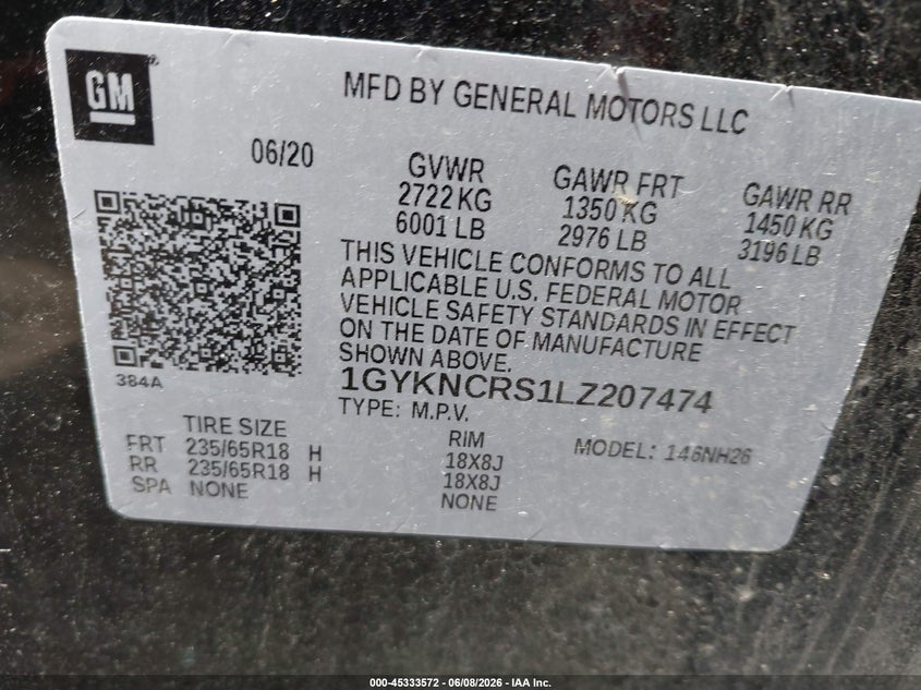2020 Cadillac Xt5 VIN 1GYKNCRS1LZ207474 IAAI salvage auction — NORMAL WEAR, Salvage Title, sold $10,550 on 2026-07-23 (photo 9)