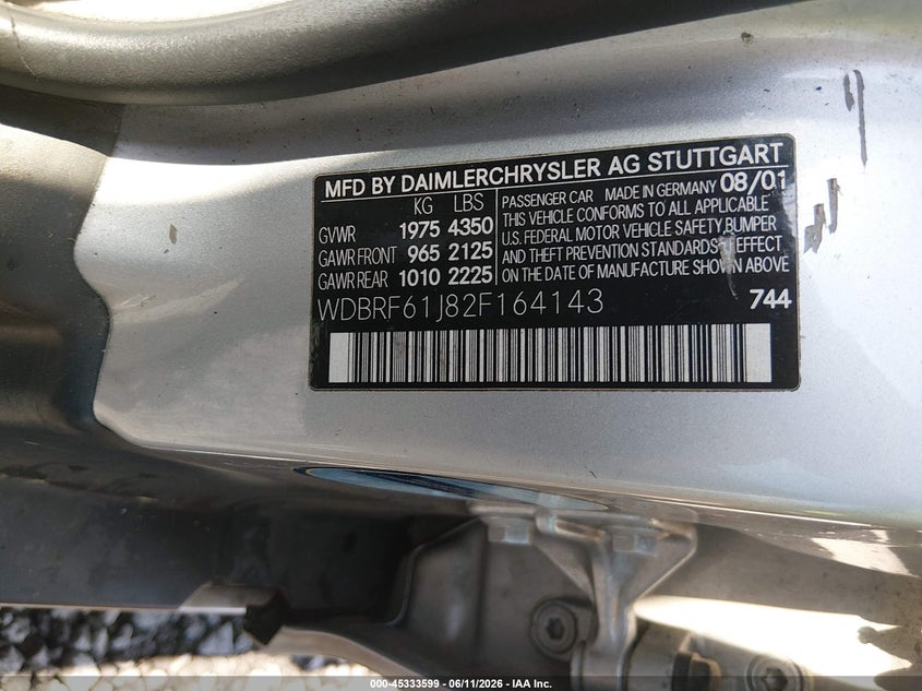 2002 Mercedes-benz C class VIN WDBRF61J82F164143 IAAI salvage auction — LEFT FRONT, Salvage (South Carolina), sold $275 on 2026-07-07 (photo 9)