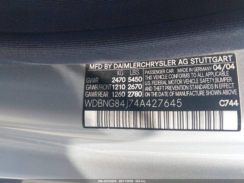 2004 Mercedes-benz S class VIN WDBNG84J74A427645 IAAI salvage auction — LEFT SIDE, Salvage - Greater Than 75% (Maryland), sold $400 on 2026-07-08 (photo 9)