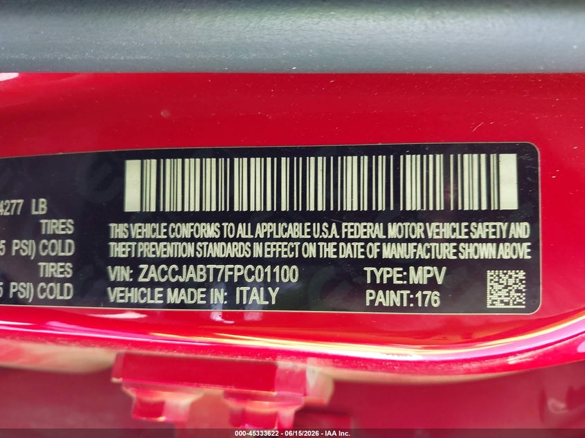 2015 Jeep Renegade VIN ZACCJABT7FPC01100 IAAI salvage auction — FRONT END, Certificate Of Title (Nebraska), sold $550 on 2026-08-13 (photo 9)