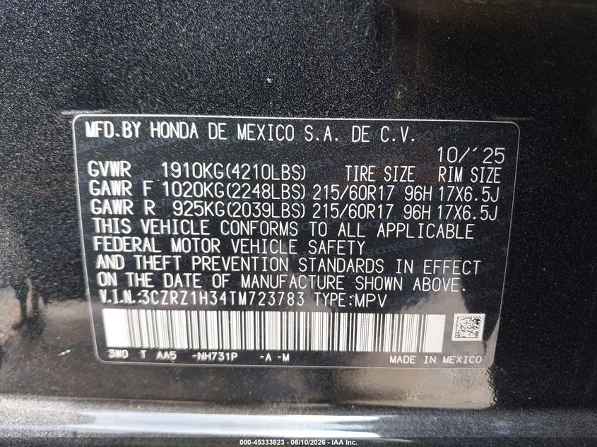 2026 Honda Hr-v VIN 3CZRZ1H34TM723783 IAAI salvage auction — LEFT SIDE, Salvage (North Carolina), sold $6,600 on 2026-07-27 (photo 9)