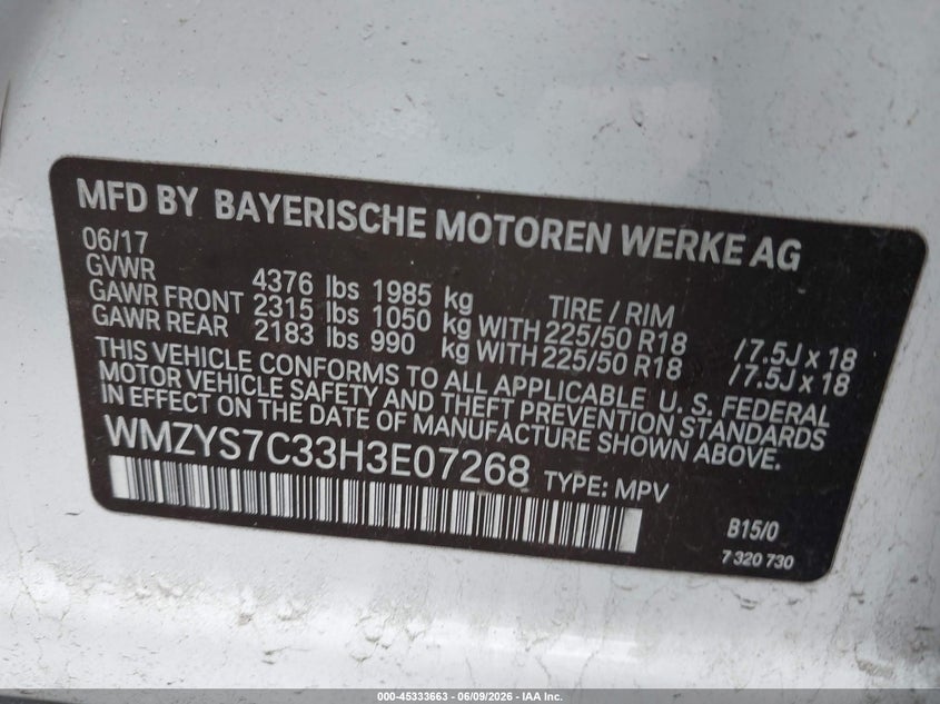 2017 Mini Countryman VIN WMZYS7C33H3E07268 IAAI salvage auction — FRONT END, Salvage Title, sold $2,100 on 2026-07-15 (photo 9)
