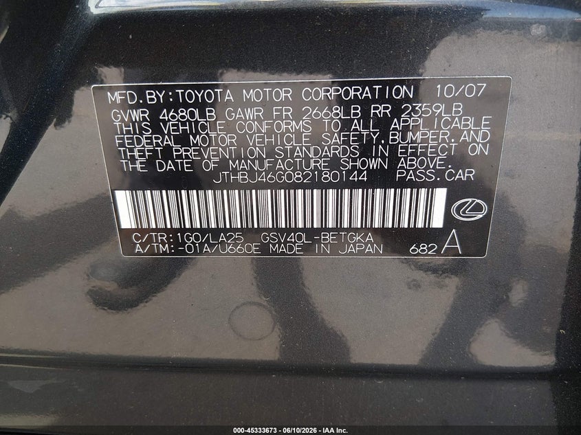 2008 Lexus Es 350 VIN JTHBJ46G082180144 IAAI salvage auction — RIGHT FRONT, Salvage (Connecticut), sold $1,100 on 2026-07-16 (photo 9)