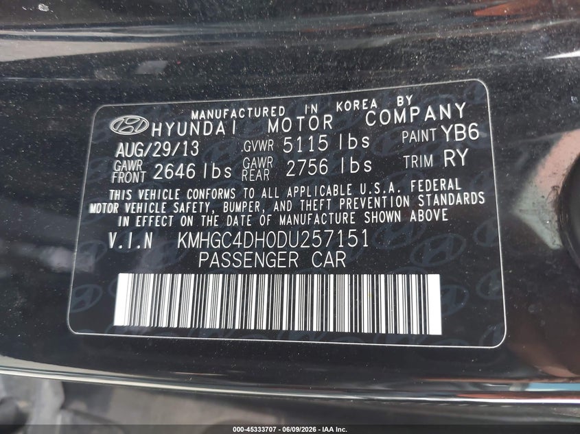 2013 Hyundai Genesis VIN KMHGC4DH0DU257151 IAAI salvage auction — NORMAL WEAR, Original (Texas), sold $325 on 2026-07-08 (photo 9)