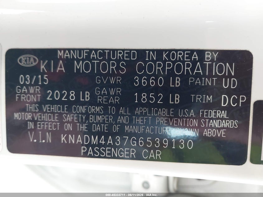 2016 Kia Rio VIN KNADM4A37G6539130 IAAI salvage auction — FRONT END, Salvage (Texas), sold $1,600 on 2026-07-08 (photo 9)