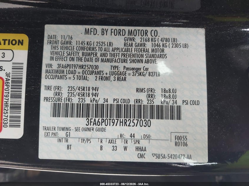 2017 Ford Fusion VIN 3FA6P0T97HR257030 IAAI salvage auction — FRONT END, Salvage Title, sold $1,150 on 2026-07-18 (photo 9)