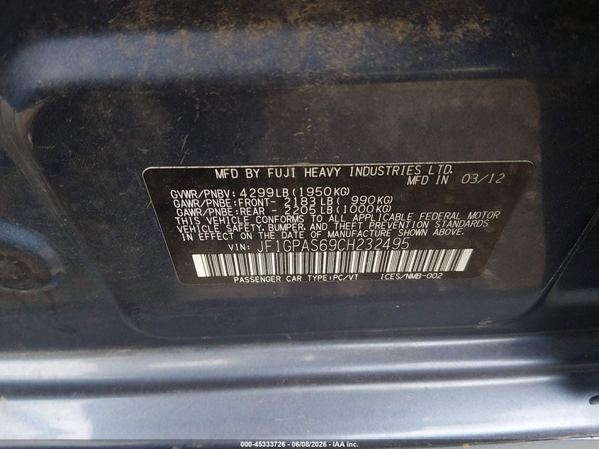 2012 Subaru Impreza VIN JF1GPAS69CH232495 IAAI salvage auction — REAR END, Clear (Indiana), sold $775 on 2026-07-29 (photo 9)