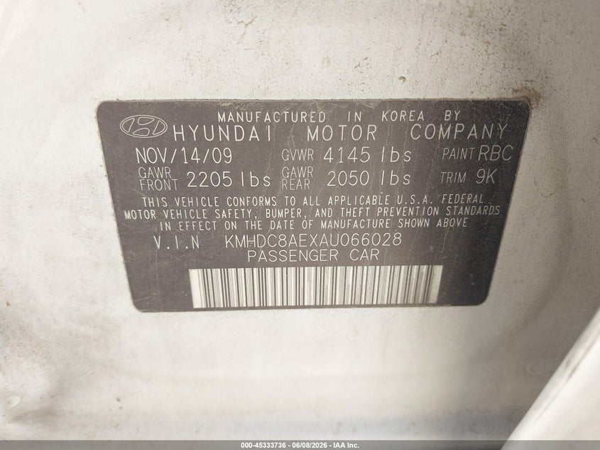 2010 Hyundai Elantra VIN KMHDC8AEXAU066028 IAAI salvage auction — NORMAL WEAR, Clear - Dealer Only (California), sold $425 on 2026-07-21 (photo 9)