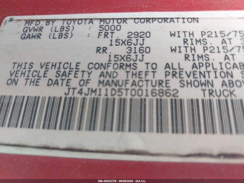 1996 Toyota T100 VIN JT4JM11D5T0016862 IAAI salvage auction — NORMAL WEAR, Clear (Florida), sold $1,050 on 2026-07-07 (photo 9)