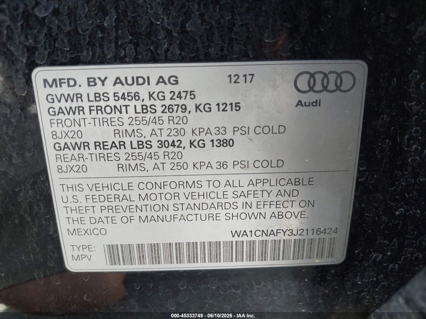 2018 Audi Q5 VIN WA1CNAFY3J2116424 IAAI salvage auction — FRONT END, Salvage Title, sold $3,350 on 2026-07-21 (photo 9)