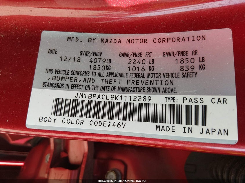 2019 Mazda 3 VIN JM1BPACL9K1112289 IAAI salvage auction — FRONT END, Salvage (New Jersey), sold $1,200 on 2026-07-28 (photo 9)
