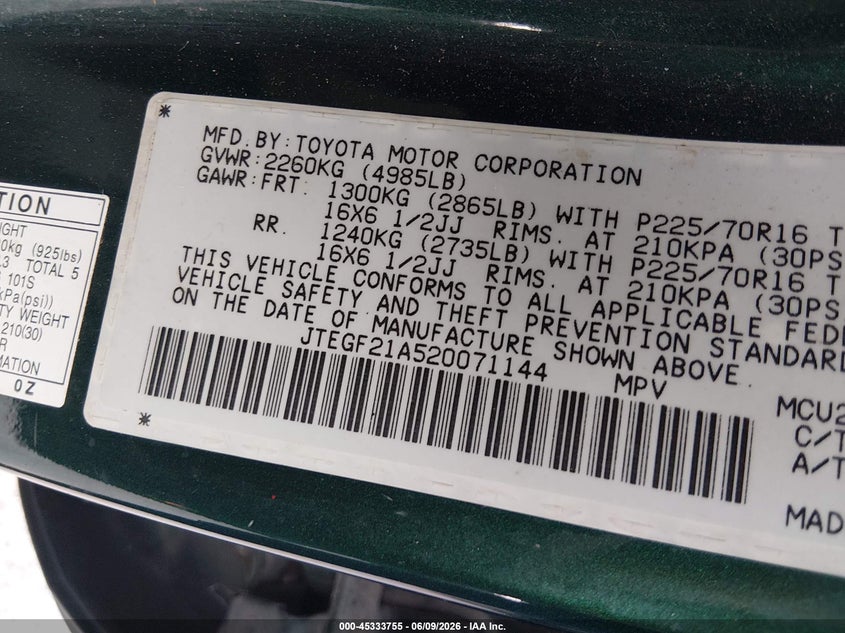 2002 Toyota Highlander VIN JTEGF21A520071144 IAAI salvage auction — NORMAL WEAR, Original (Texas), sold $925 on 2026-07-13 (photo 9)