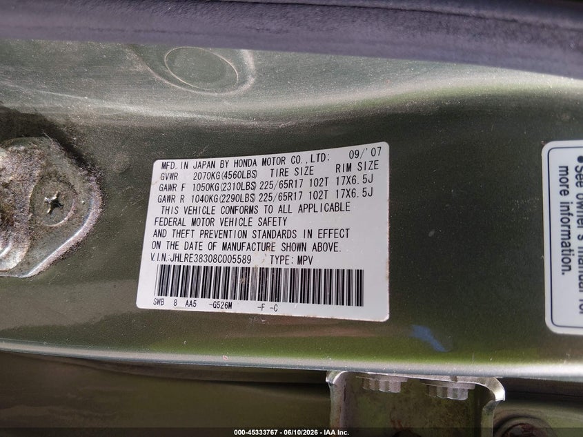 2008 Honda Cr-v VIN JHLRE38308C005589 IAAI salvage auction — FRONT END, Salvage (Maine), sold $275 on 2026-07-20 (photo 9)