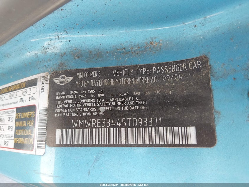 2005 Mini Cooper VIN WMWRE33445TD93371 IAAI salvage auction — NORMAL WEAR, Clear (Massachusetts), sold $300 on 2026-07-22 (photo 8)